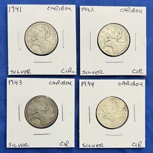 Classic Set of 1941, 1942, 1943 & 1944 Canada Silver 25¢ Coins!